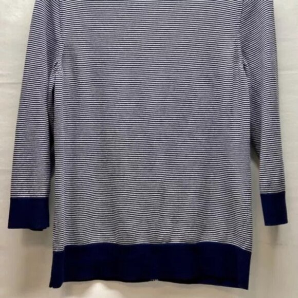 Talbots Ladies Button Front Ruffle Cardigan Medium Navy White Stripe 3/4 Sleeve - Picture 6 of 13